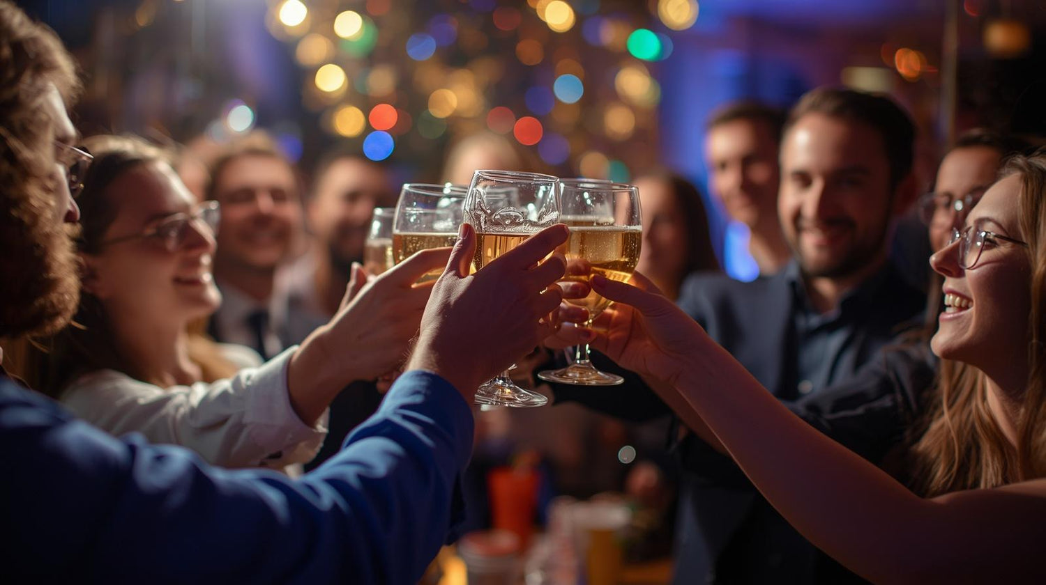 Mitarbeiter feiern Firmenfeier, stoßen mit Biergläsern in festlicher Atmosphäre an